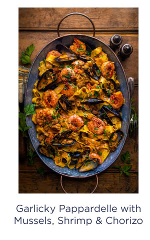 Garlicky Tarragon Pappardelle with Mussels, Shrimp, & Chorizo