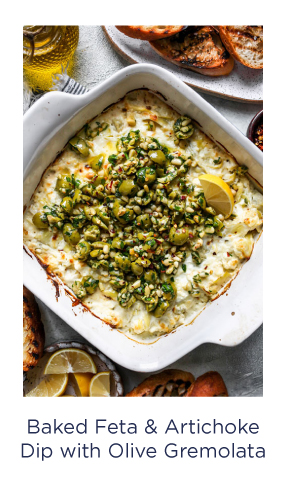 Baked Feta and Artichoke Dip with Olive Gremolata