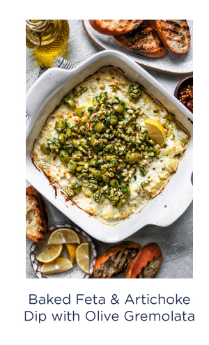 Baked Feta and Artichoke Dip with Olive Gremolata